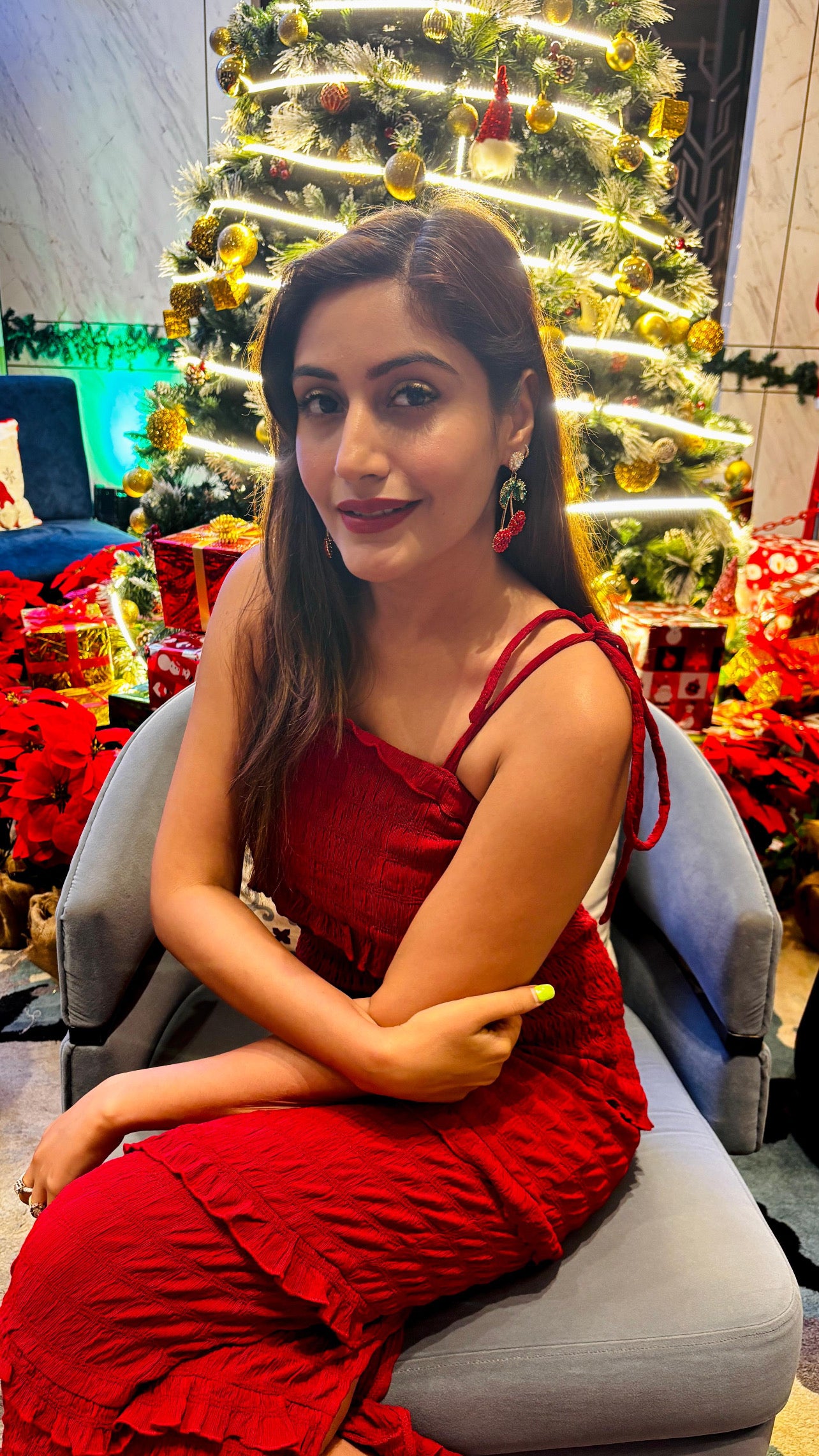 Riverblend Cherry Red & Green Stone Earrings – Festive Party Jewelry