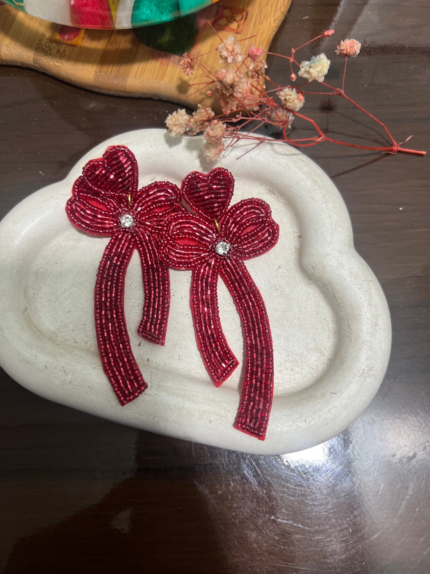 Bow red handcrafted earring