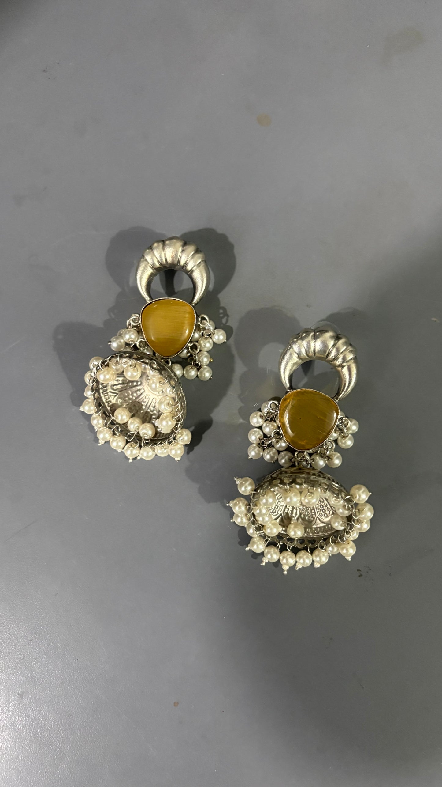 Pearl & Mustard Stone Oxidised Statement Earrings