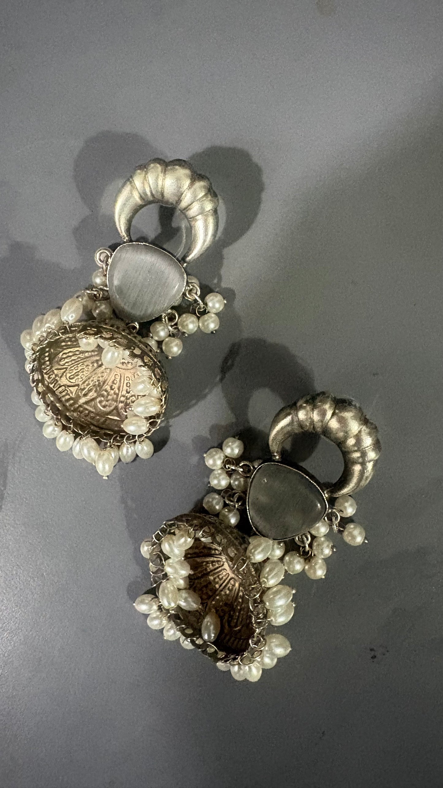 Antique Pearl Jhumka Earrings with Grey Stone