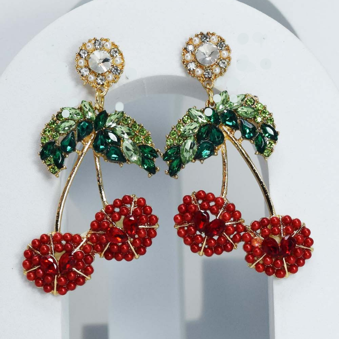 Riverblend Cherry Red & Green Stone Earrings – Festive Party Jewelry