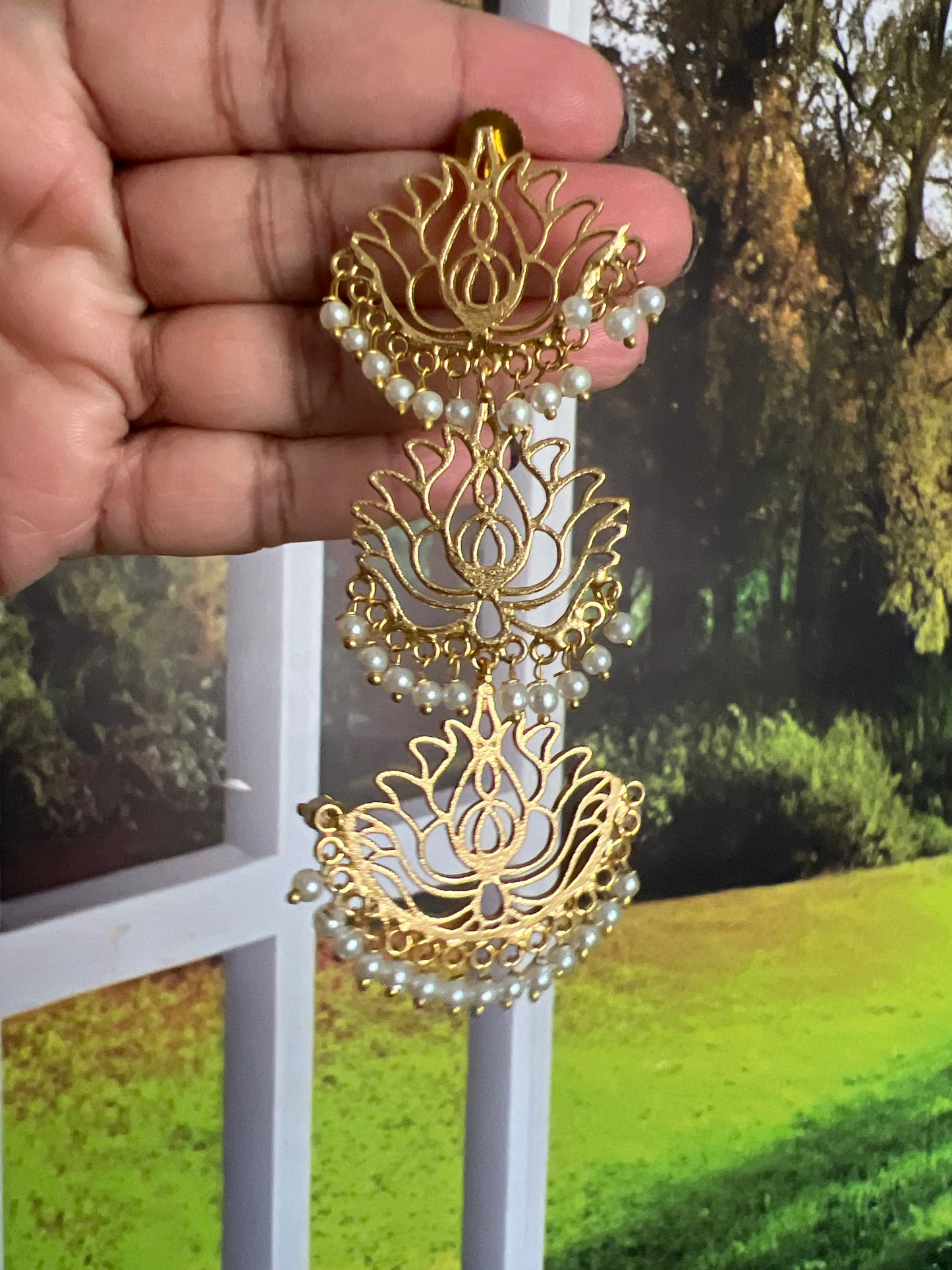 Golden 3 layer lotus earring