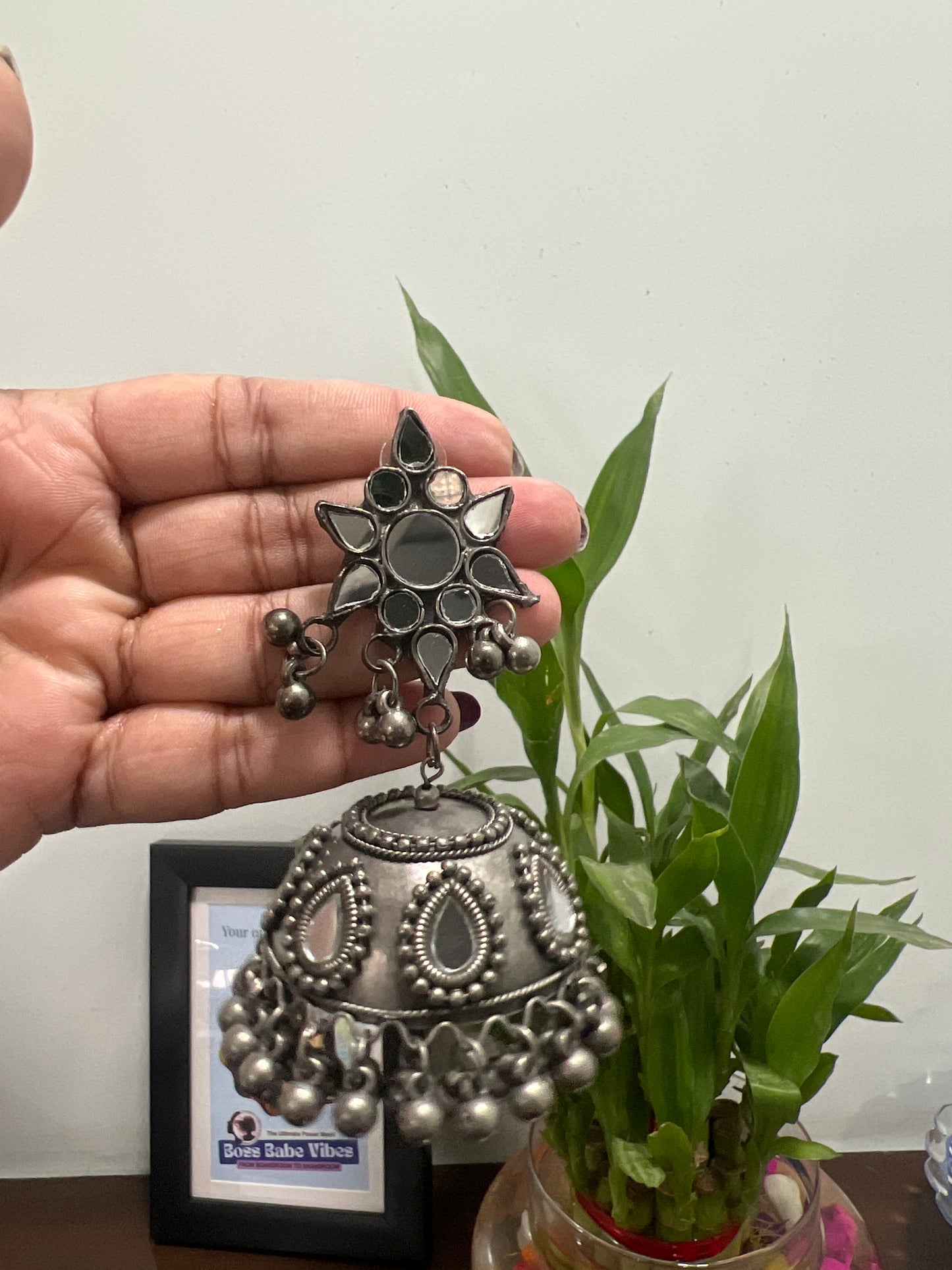 Mirror oxidised jhumka