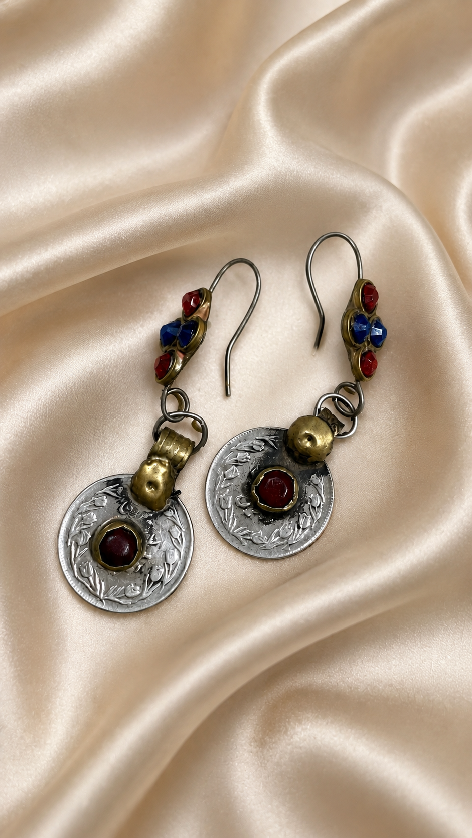 Vintage Coin Drop Earrings with Red & Blue Stone Accents | Handcrafted Statement Earrings