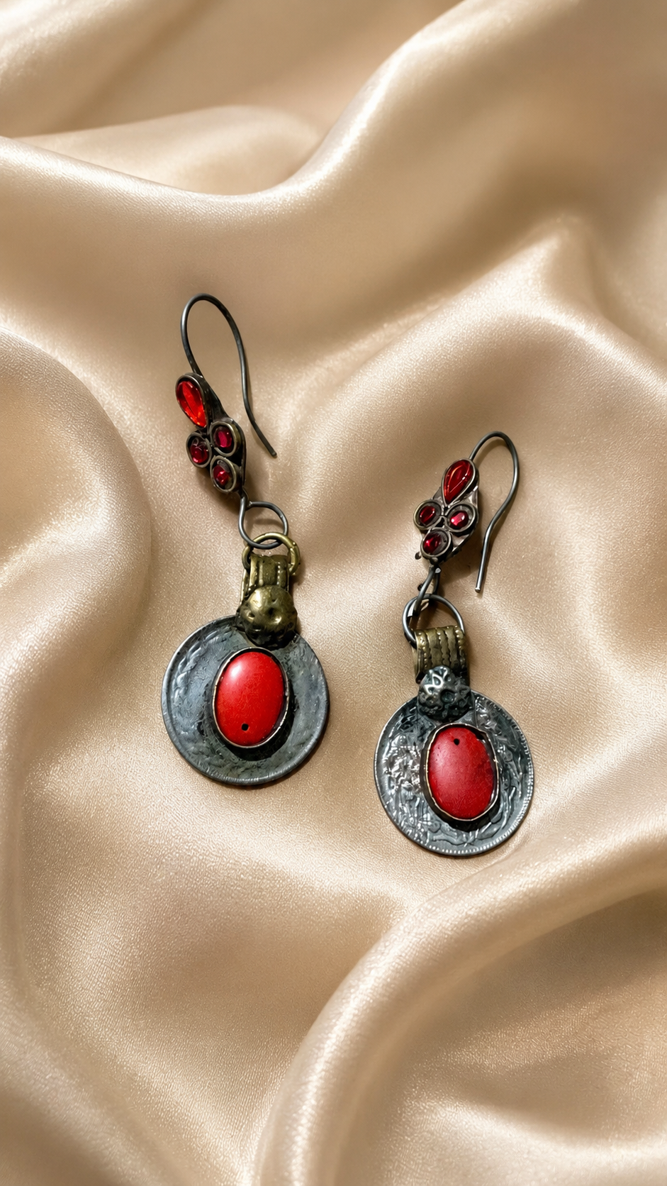 Ruby Coin Oxidised Drop Earrings