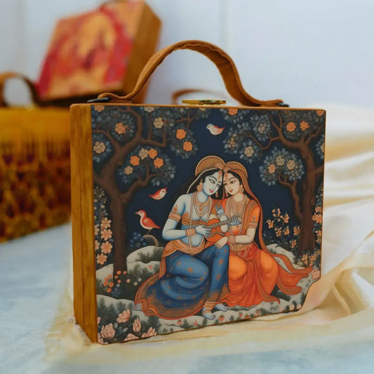 Printed Suitcase Bag – Designer Lock, Tan Suede & Satin Finish