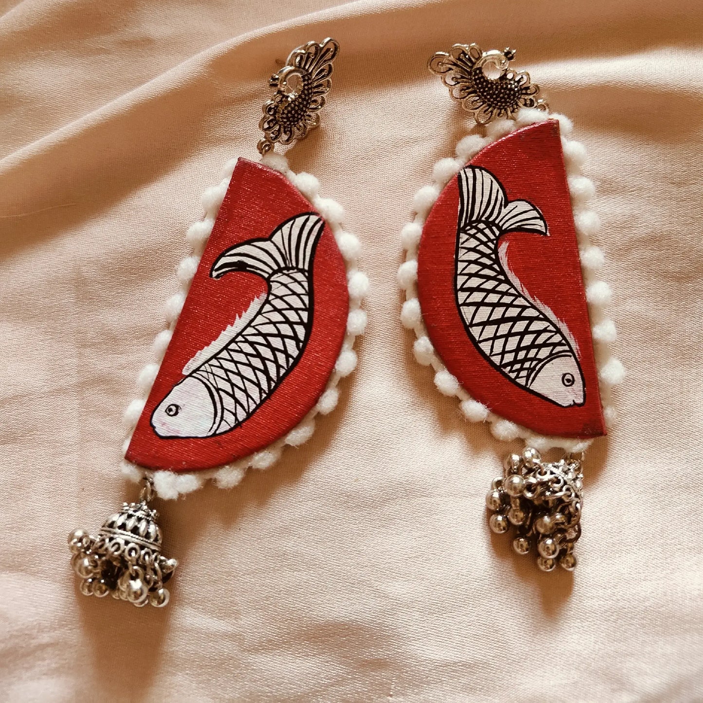 Red & White Fish Design Handcrafted Earrings
