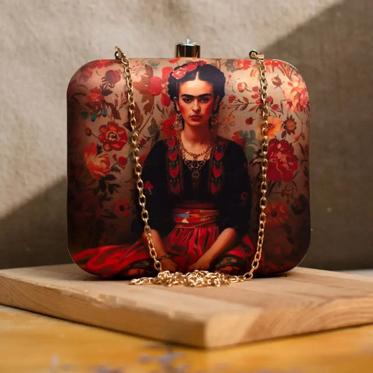 Art Printed Square Clutch Bag – Matt Finish Satin with Sling Chain