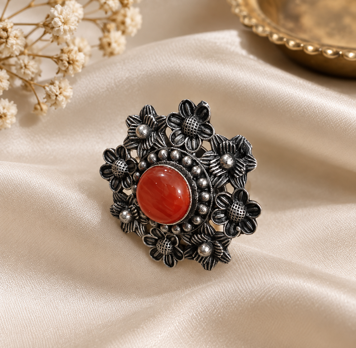Floral Carnelian Adjustable Ring