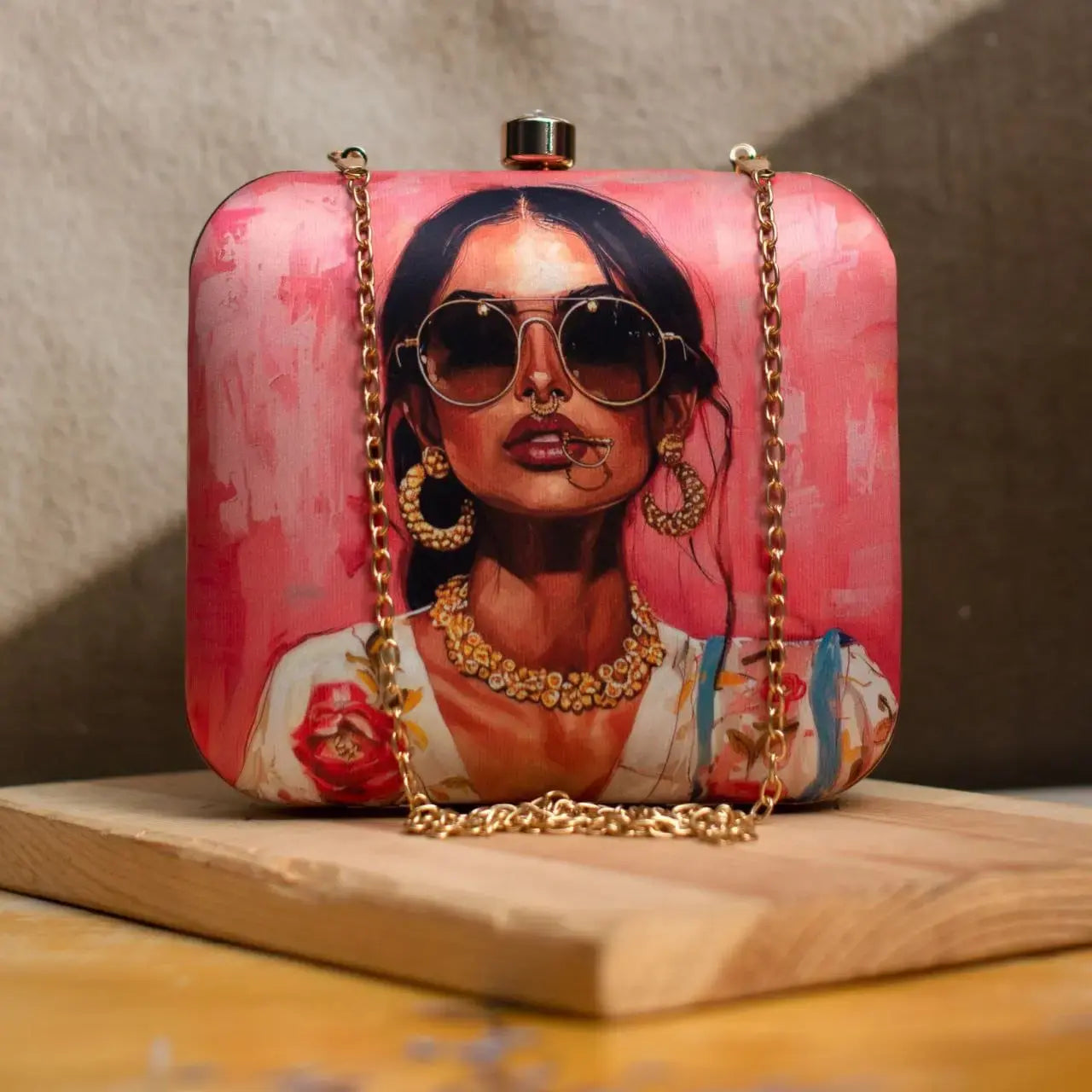 Kala Chashma Art Printed Square Clutch Bag with Sling Chain