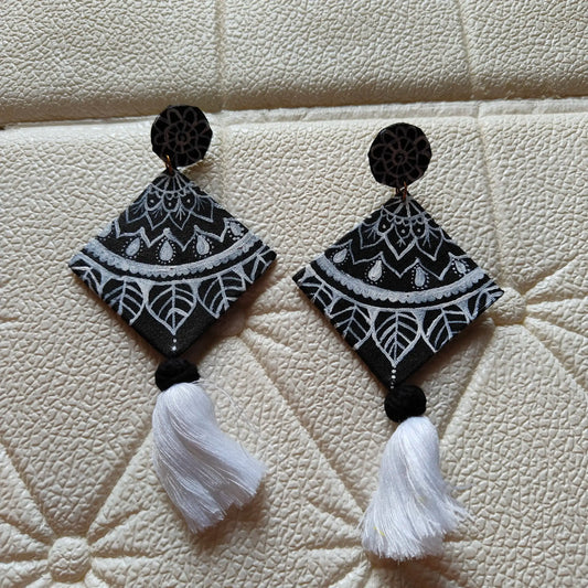 Handcrafted Diamond Tassel Earrings – Acrylic Painted Design