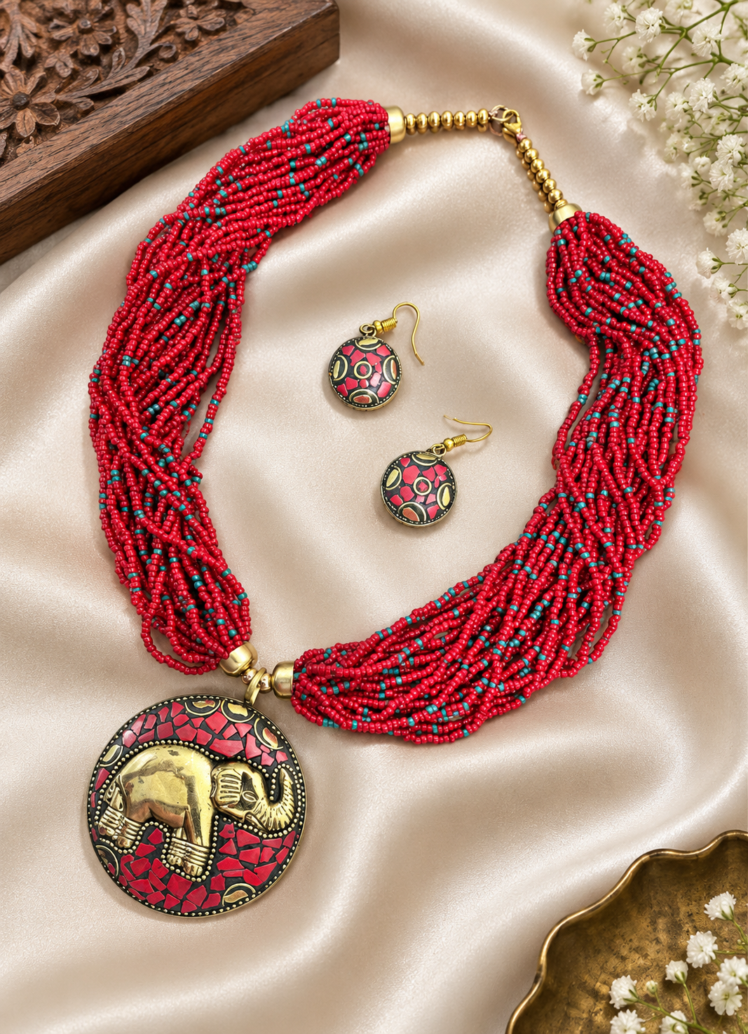 Red Beaded Elephant Necklace Set