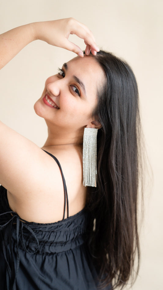 Long danglers silver stone