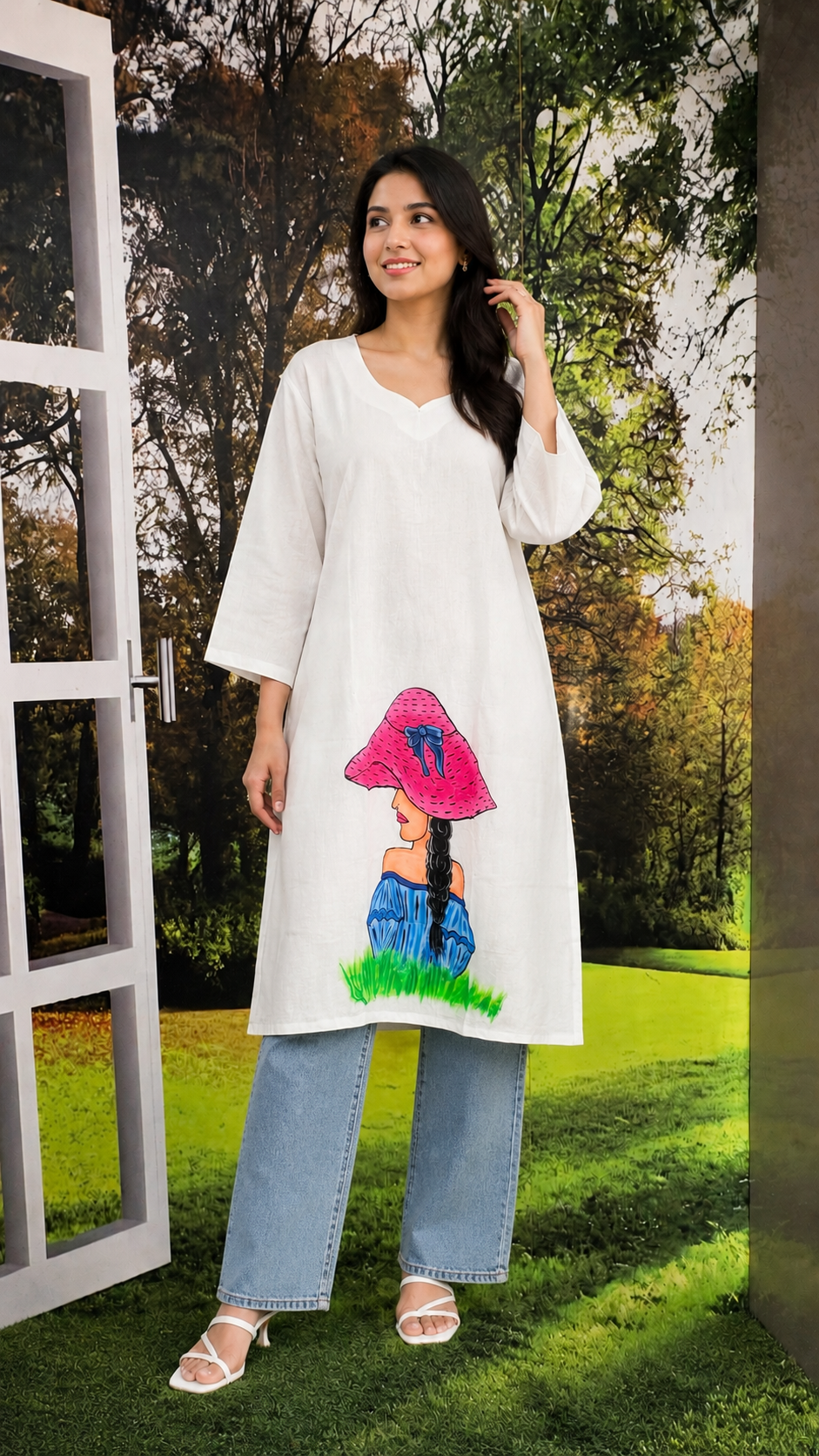 White kurta with hand painted design