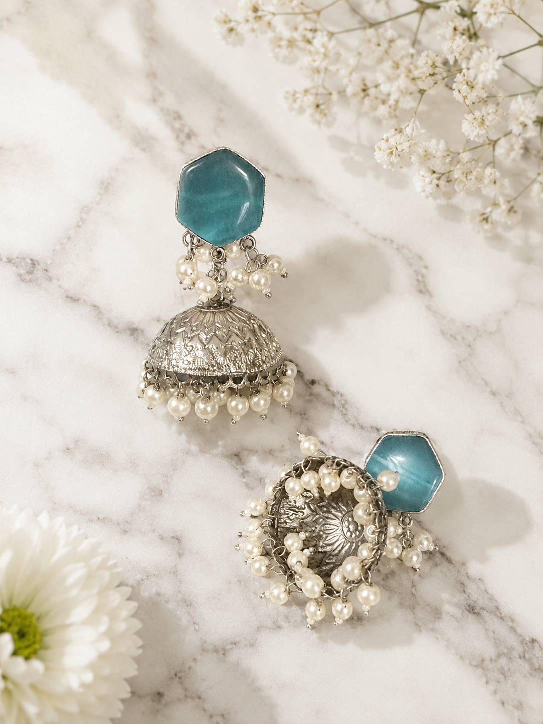 Blue Stone & Pearl Jhumka Earrings – Website Description