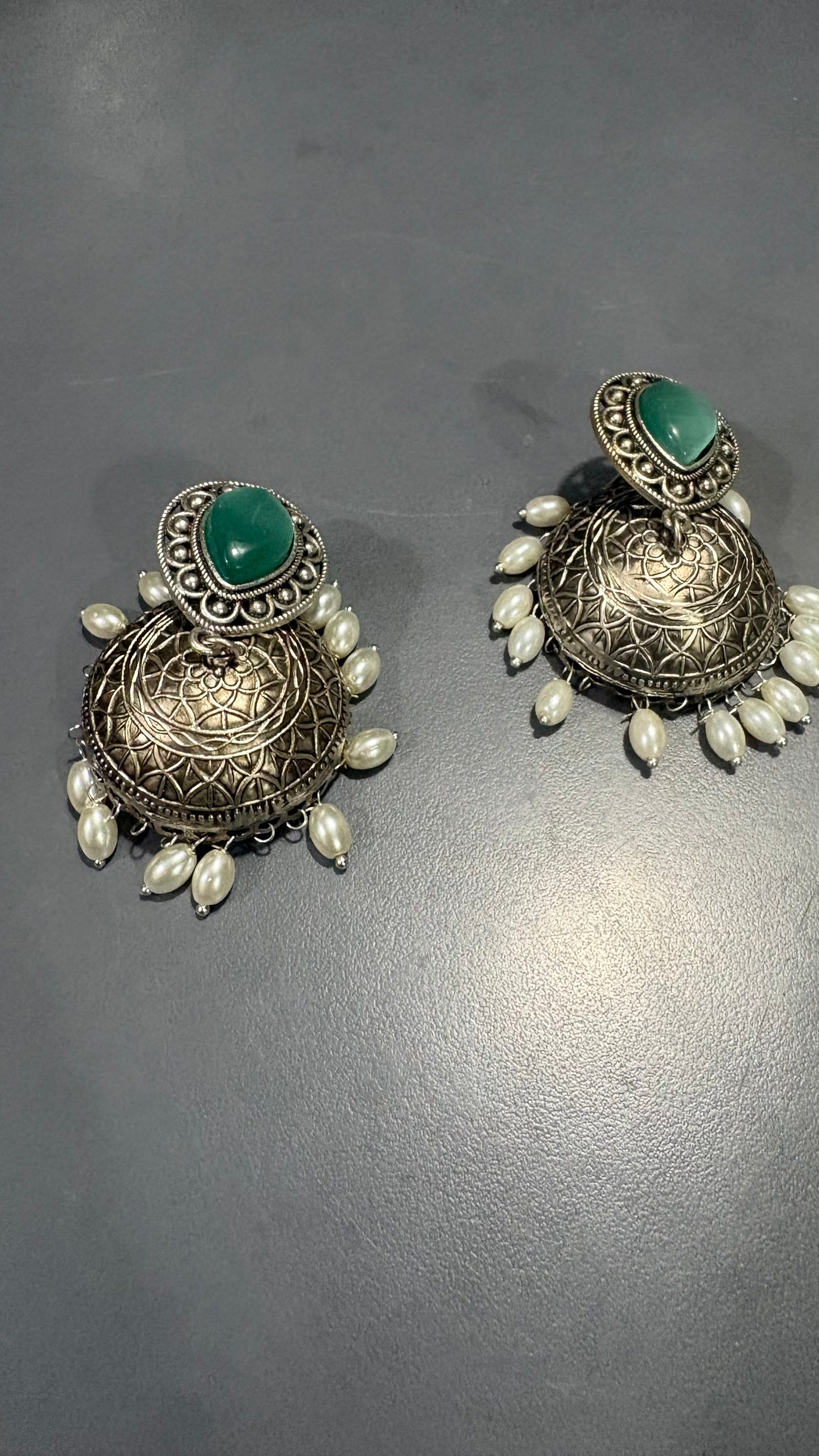 Oxidised Green Stone & Pearl Dome Jhumka Earrings
