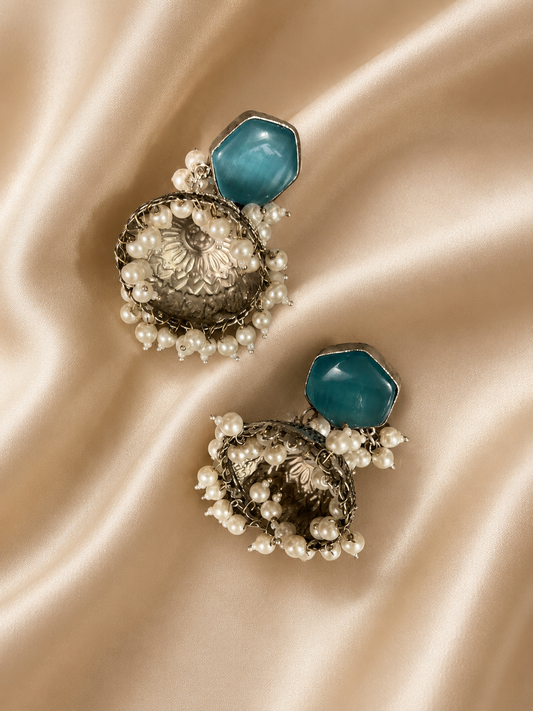 Blue Stone & Pearl Jhumka Earrings – Website Description
