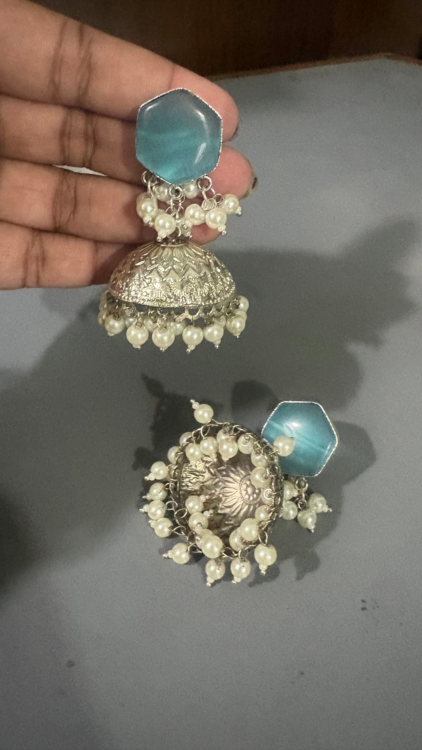 Blue Stone & Pearl Jhumka Earrings – Website Description