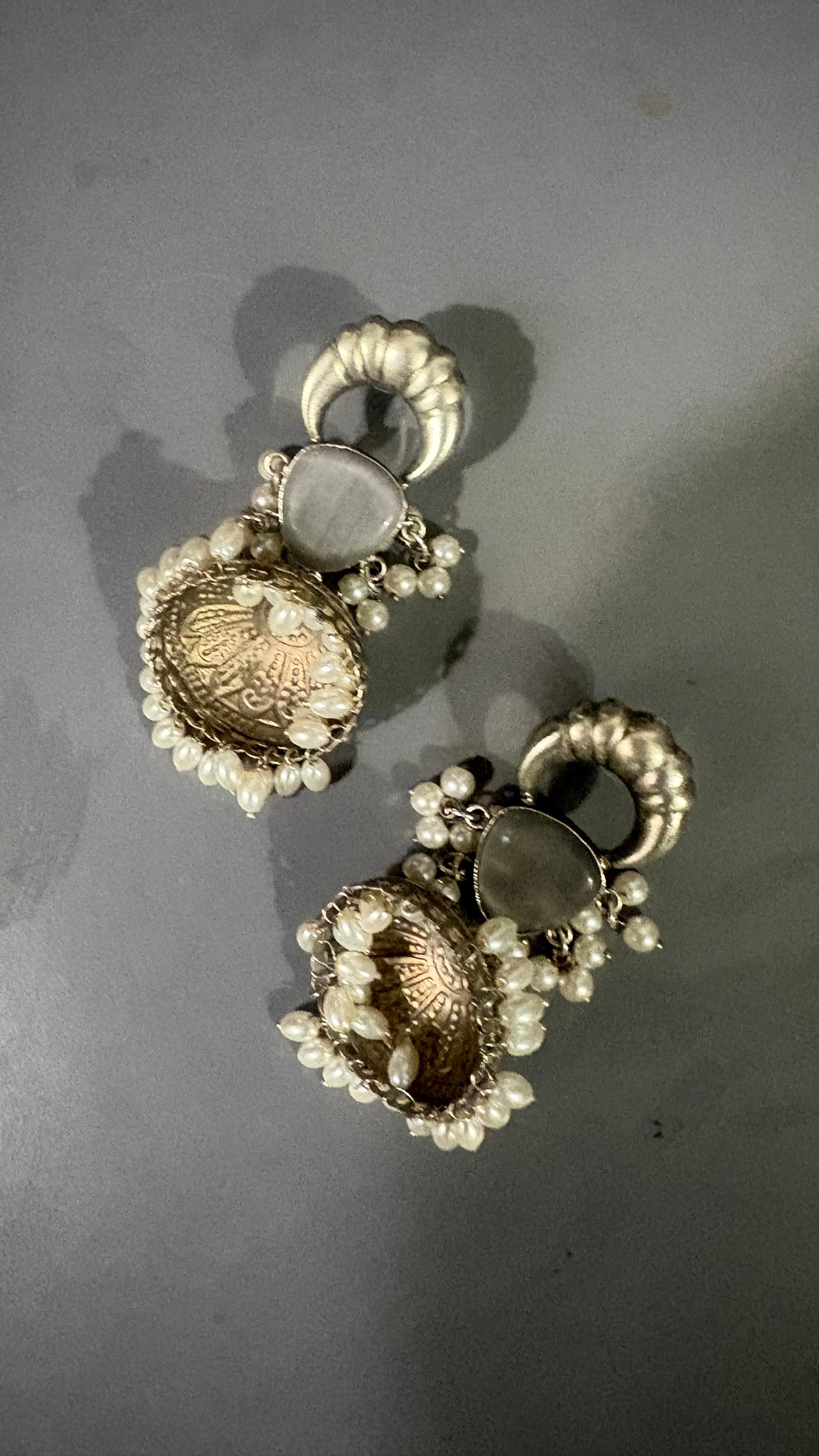 Antique Pearl Jhumka Earrings with Grey Stone