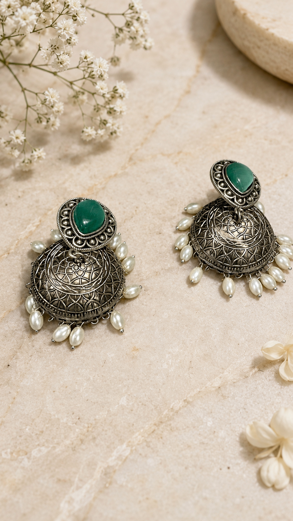 Oxidised Green Stone & Pearl Dome Jhumka Earrings