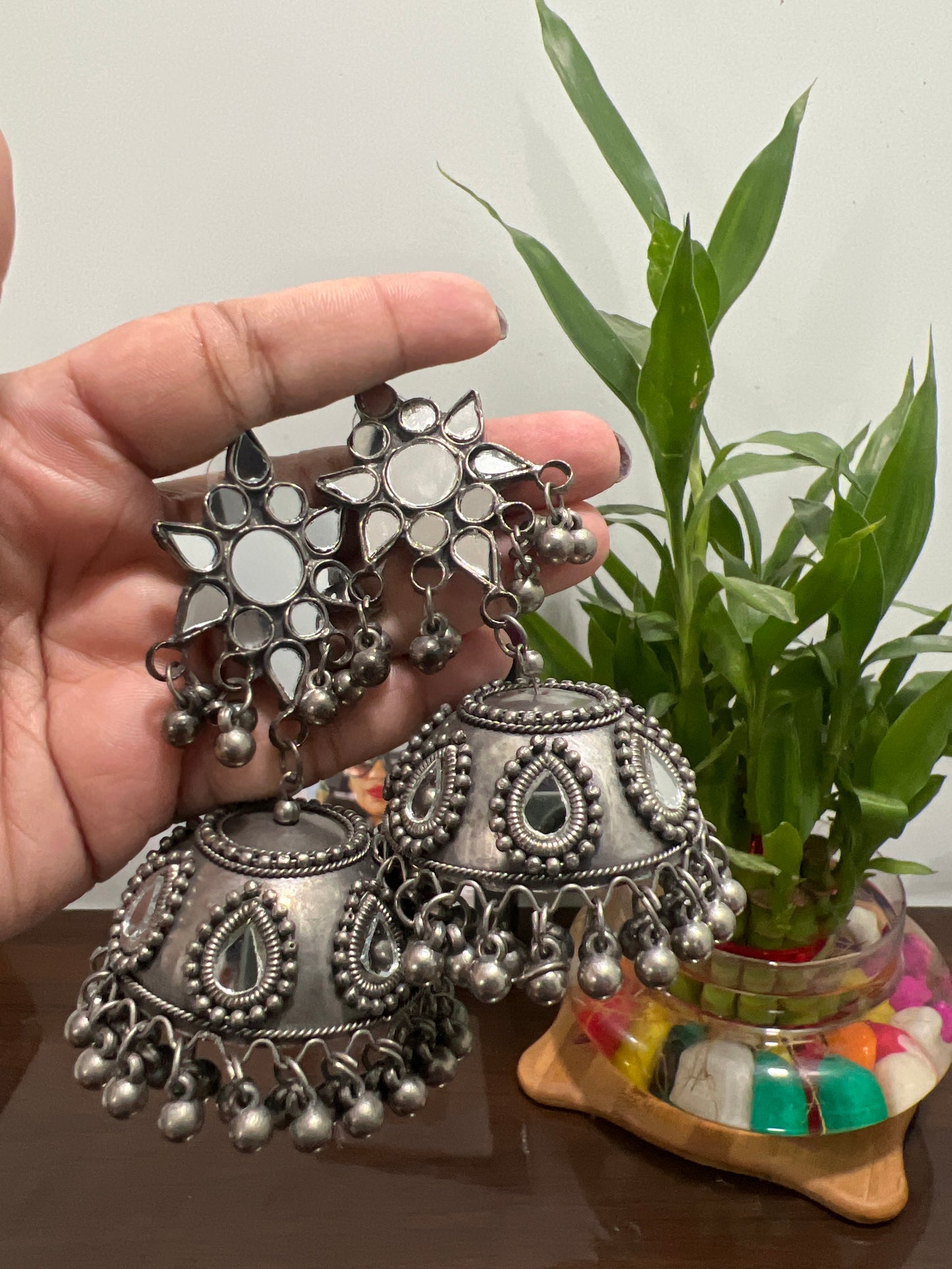 Mirror oxidised jhumka