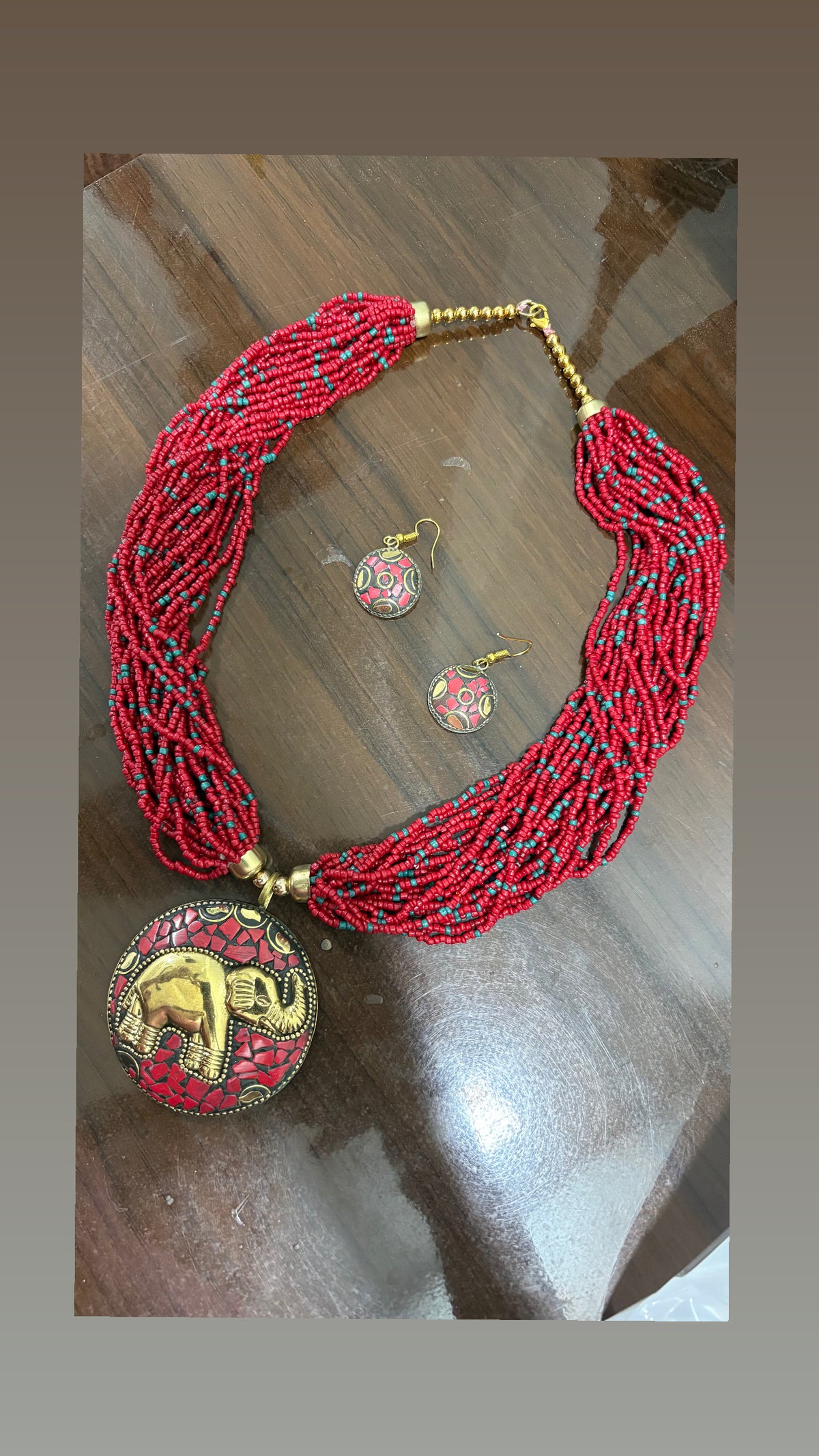 Red Beaded Elephant Necklace Set