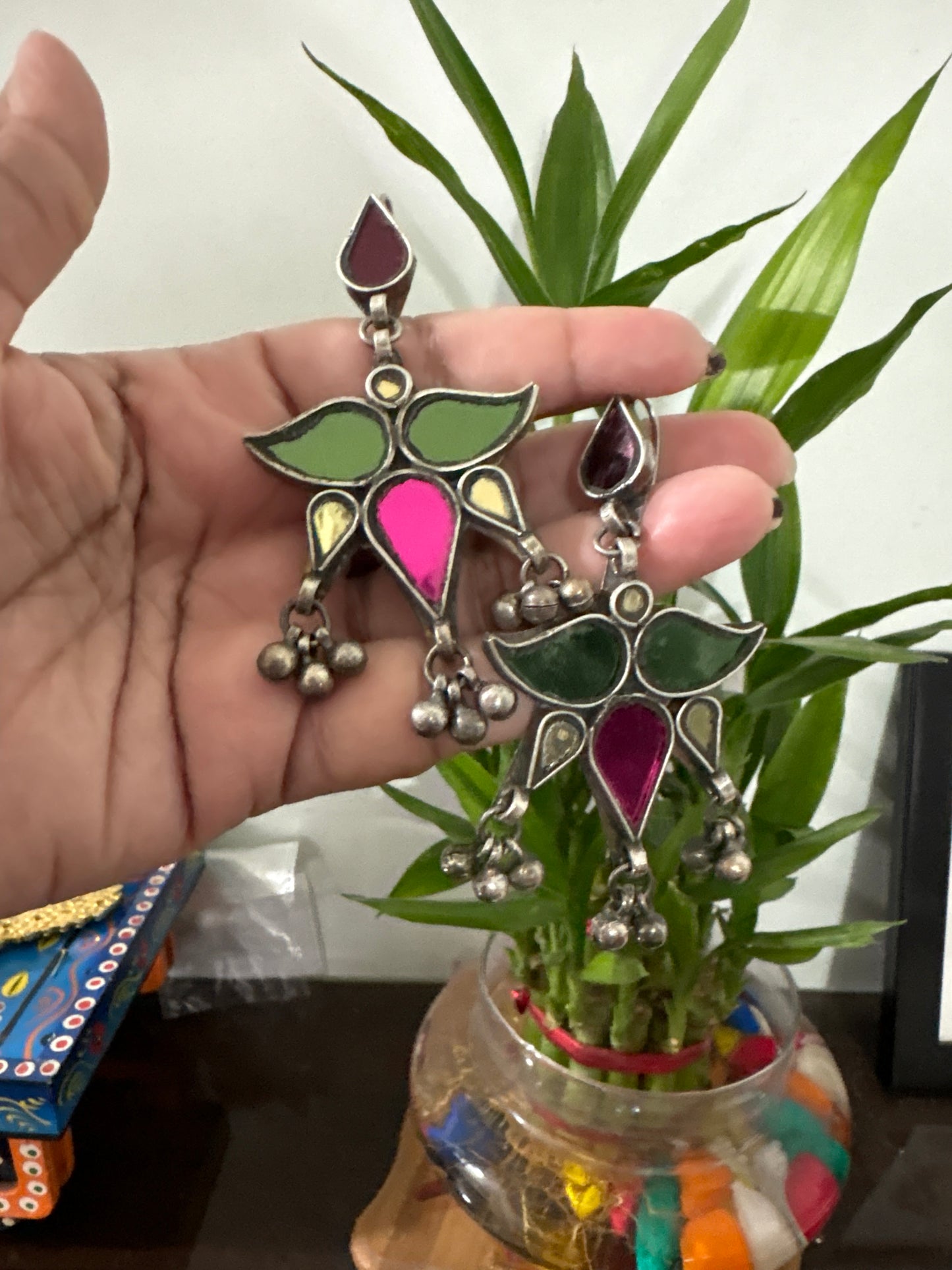 Pink and green mirror earring