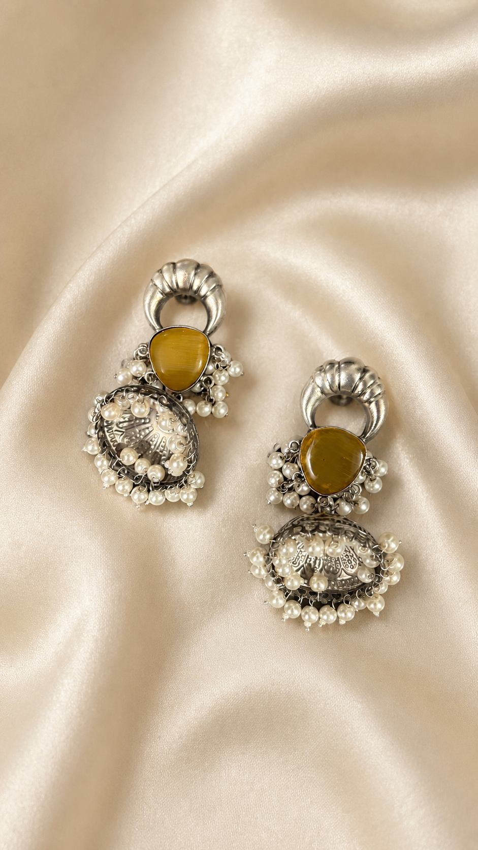 Pearl & Mustard Stone Oxidised Statement Earrings