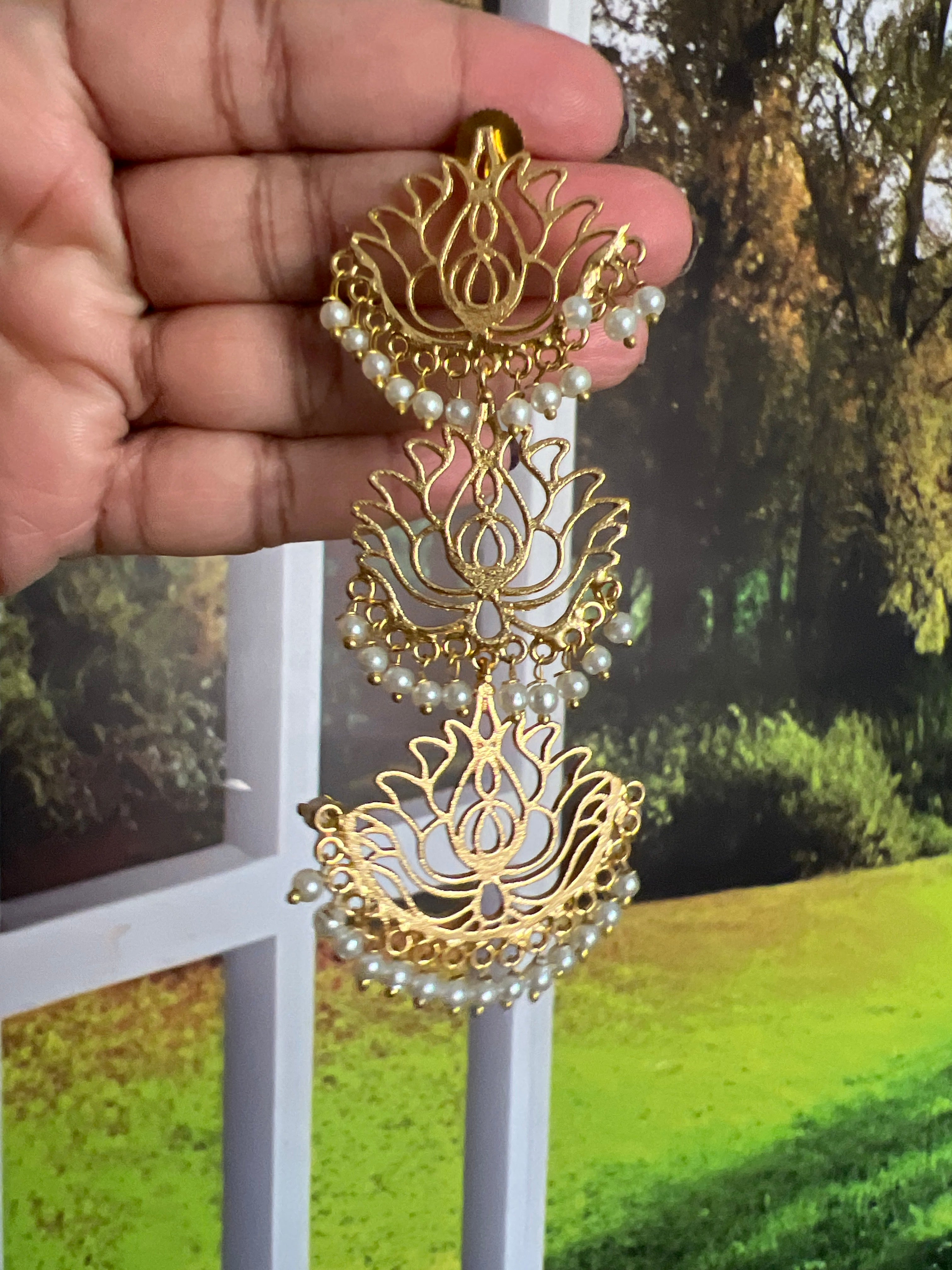 Golden 3 layer lotus earring