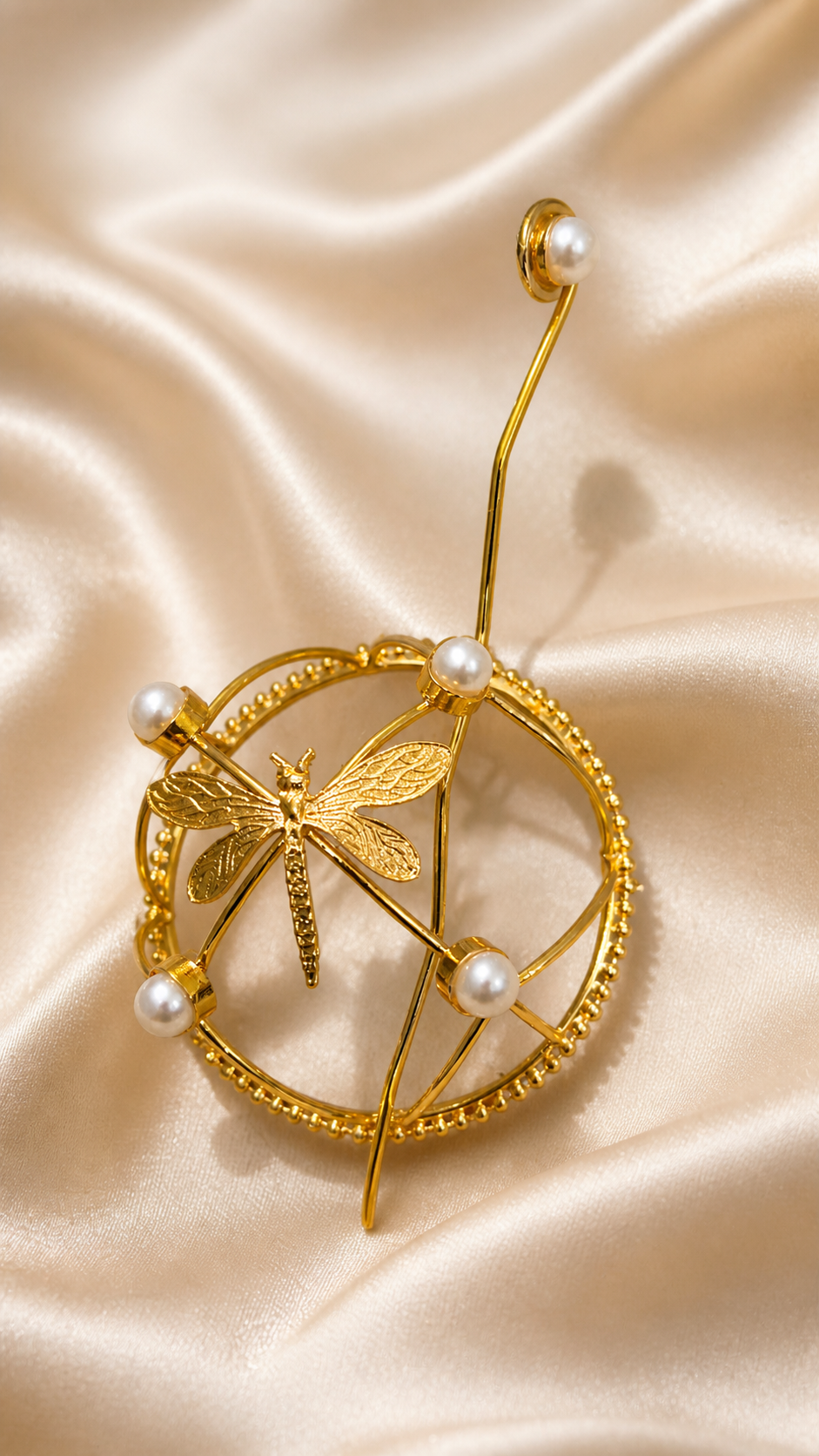Dragonfly Pearl Hair Cage Bun Pin | Elegant Gold Hair Accessory – Riverblend