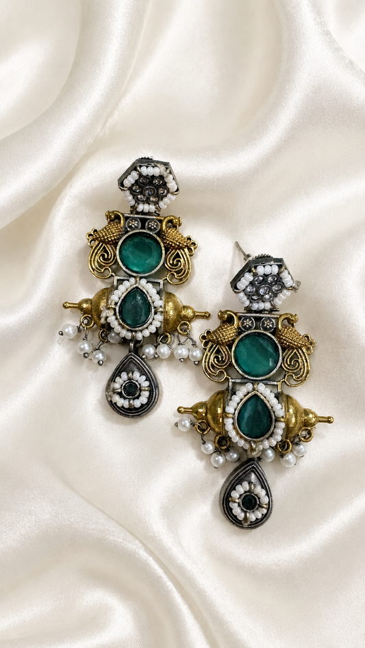Mayuri - Dual-Tone Emerald & Pearl Statement Earrings