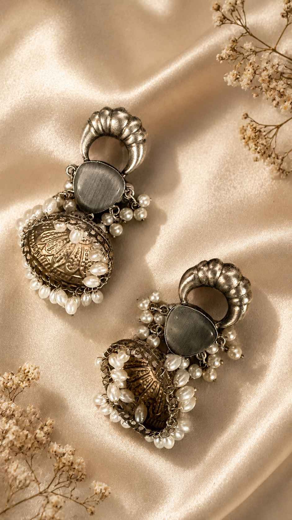 Antique Pearl Jhumka Earrings with Grey Stone