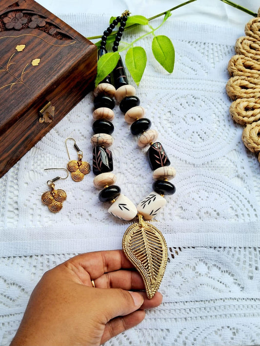 Black & Cream Statement Leaf Necklace