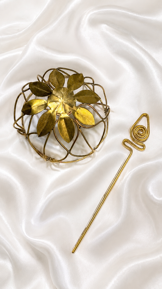 Floral Hair Cage Bun with Hair Stick – Gold Finish