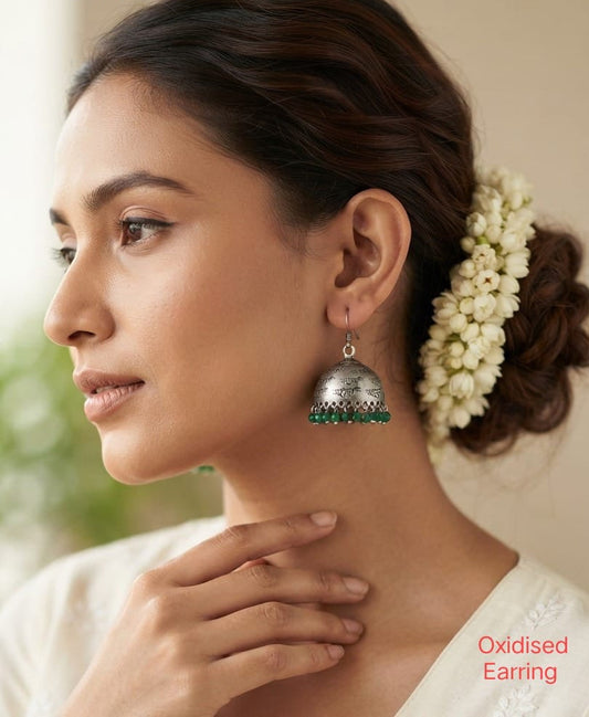 Silver green beads jhumka
