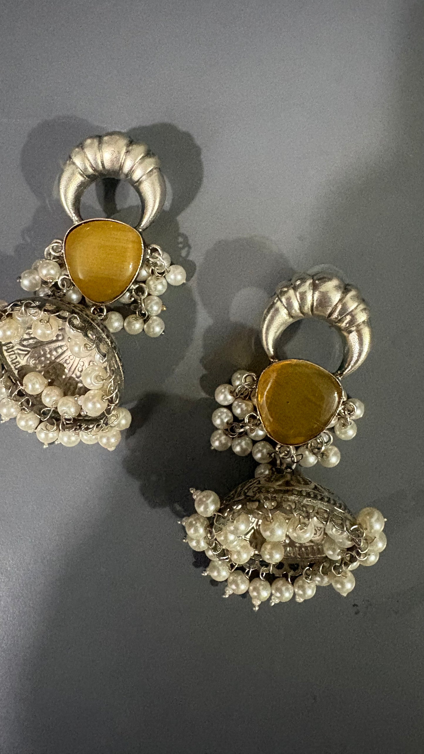 Pearl & Mustard Stone Oxidised Statement Earrings