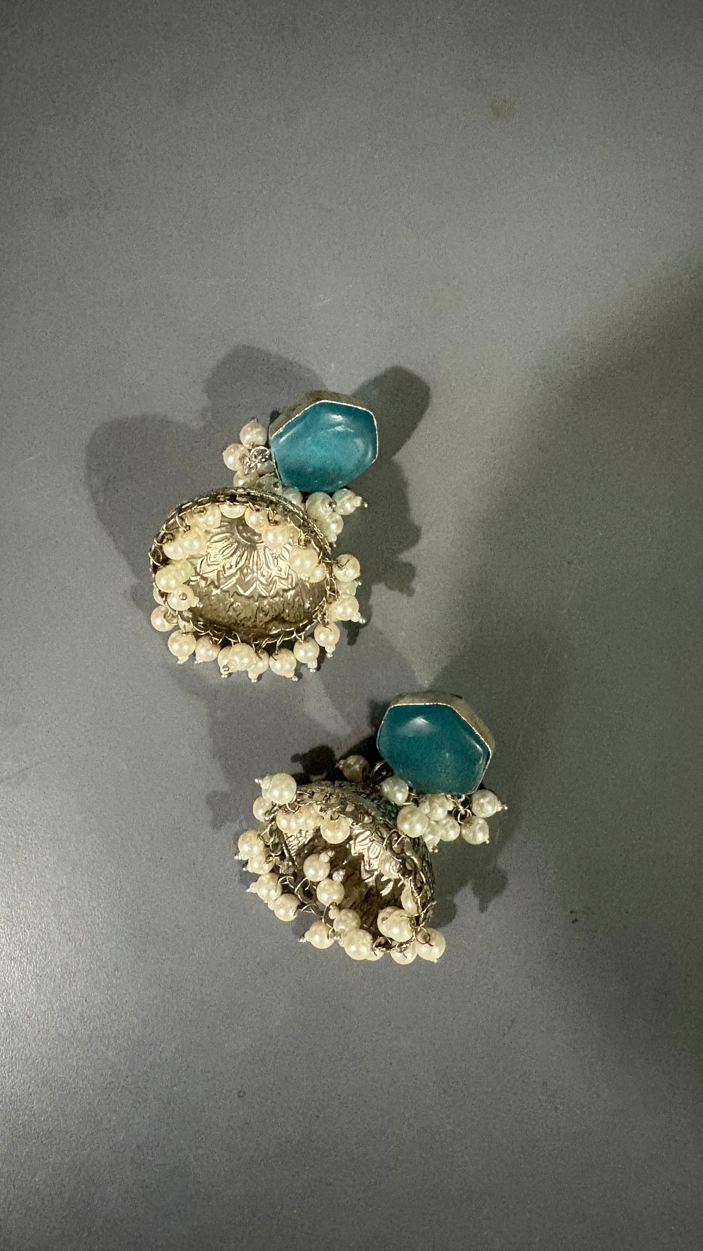 Blue Stone & Pearl Jhumka Earrings – Website Description