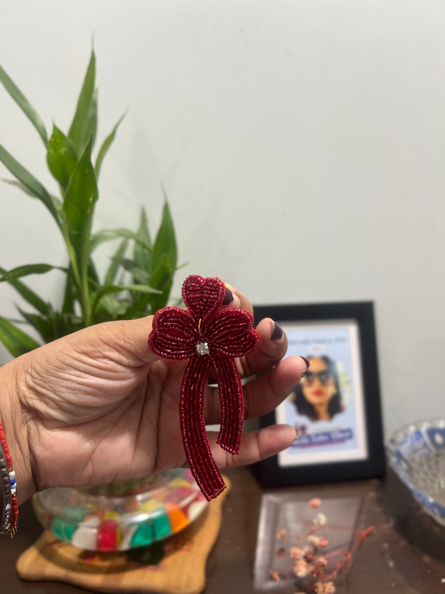 Bow red handcrafted earring