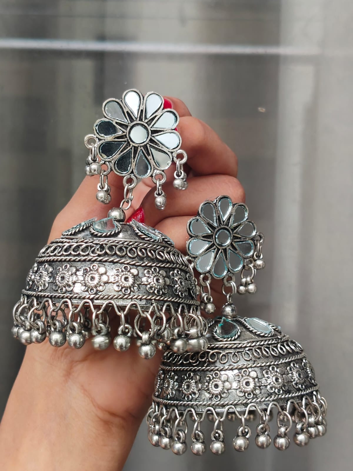 Mirror oxidised jhumka