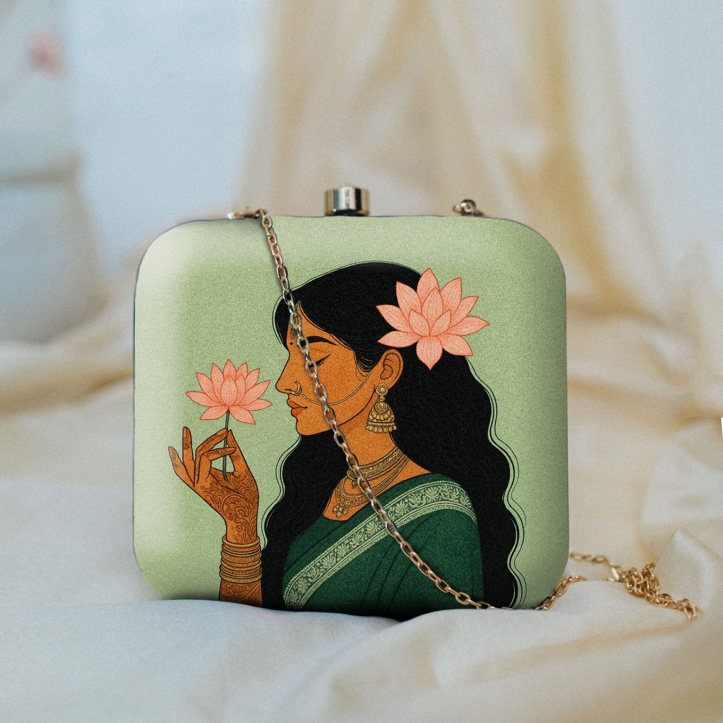 Handcrafted Lotus Muse Box Clutch – Mint Green