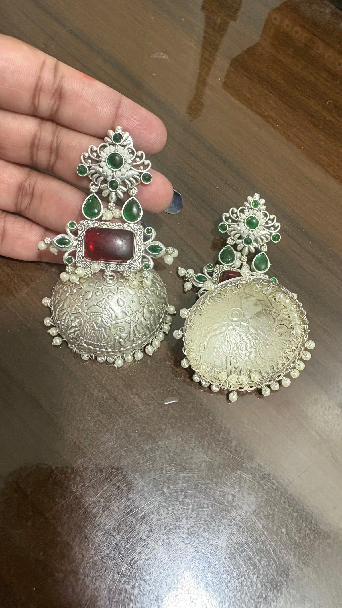Emerald & Ruby Antique Silver Jhumka Earring