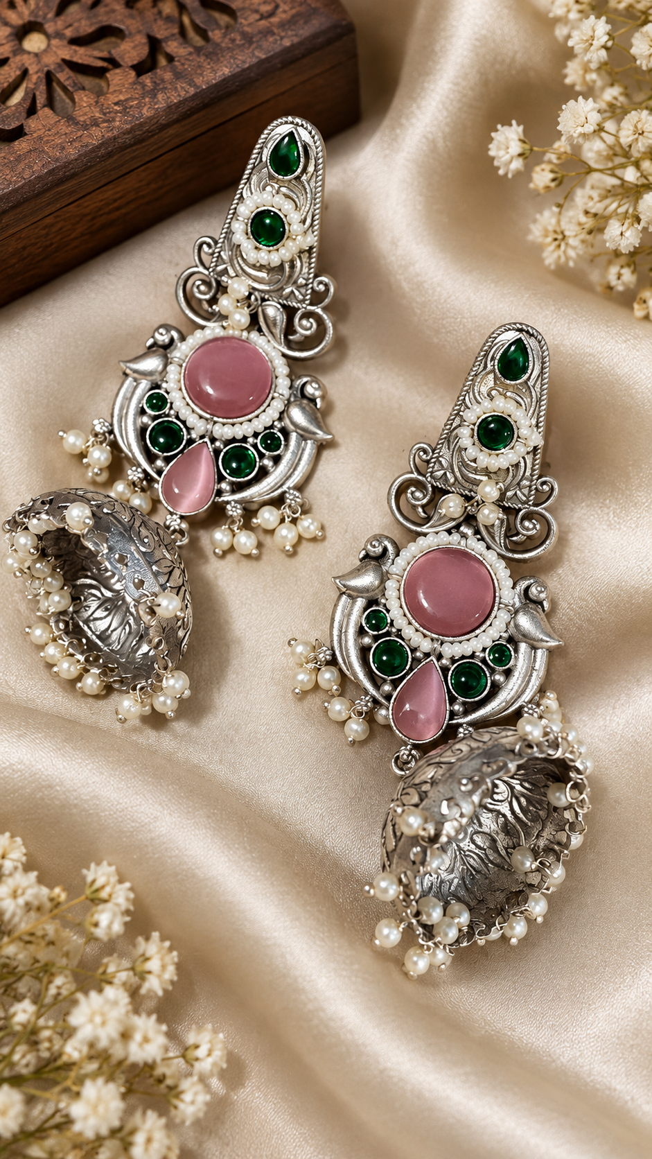 Emerald & Rose Statement Jhumka Earrings