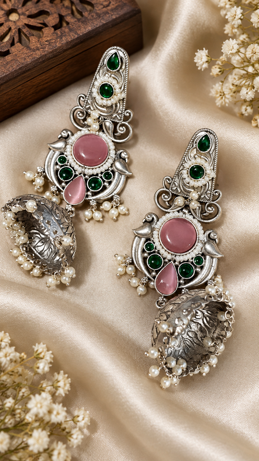 Emerald & Rose Statement Jhumka Earrings