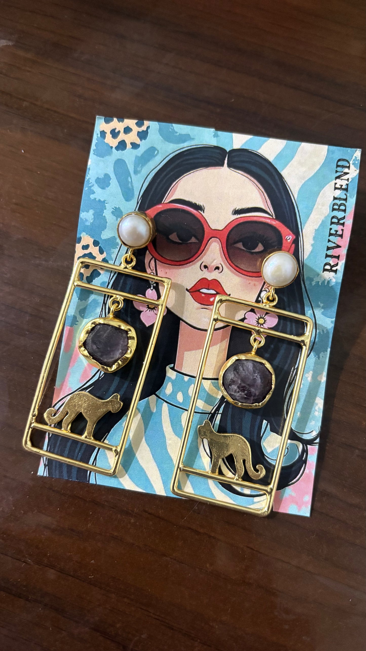 Cat Charm Statement Earrings – Pearl & Natural Stone