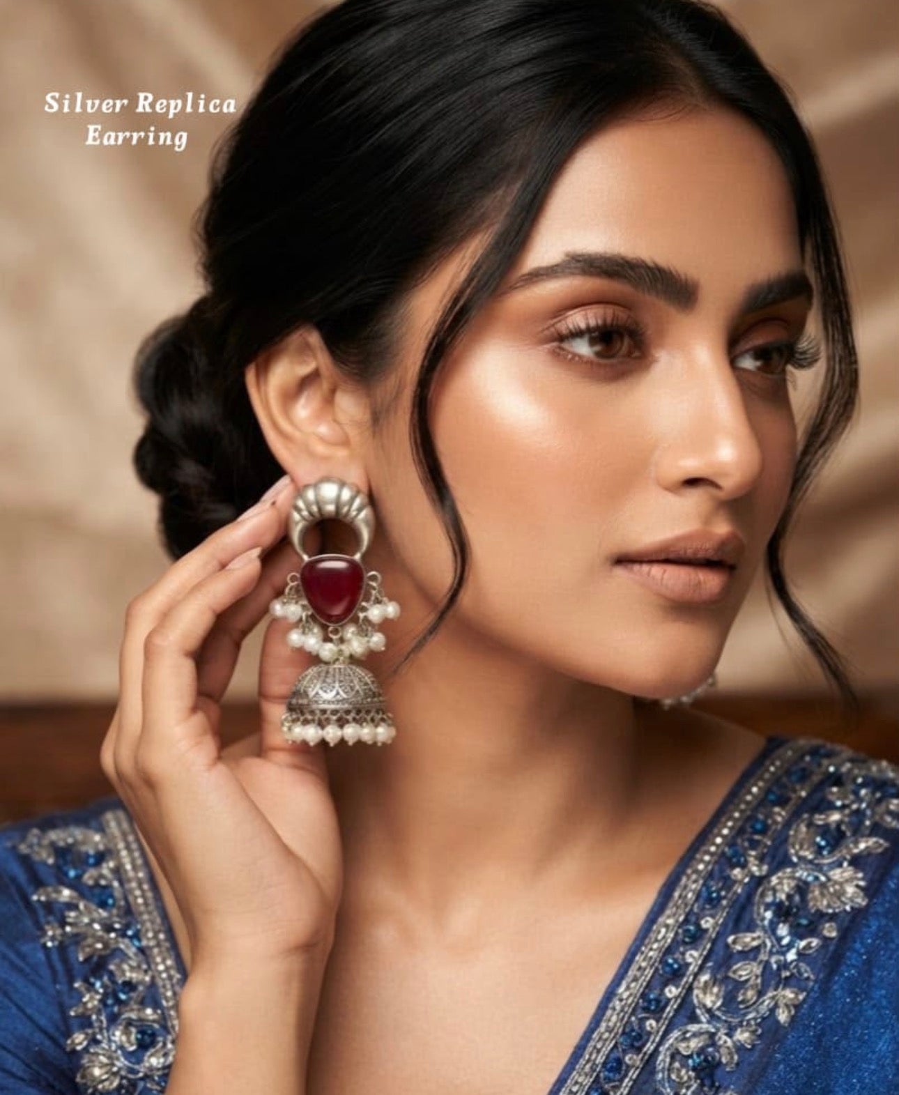 Silver replica red stone jhumka