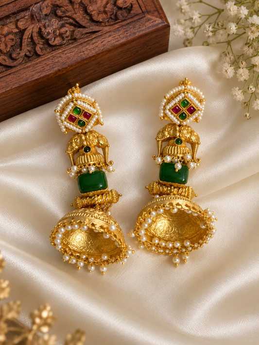 Royal Green & Pearl Jhumka Earrings