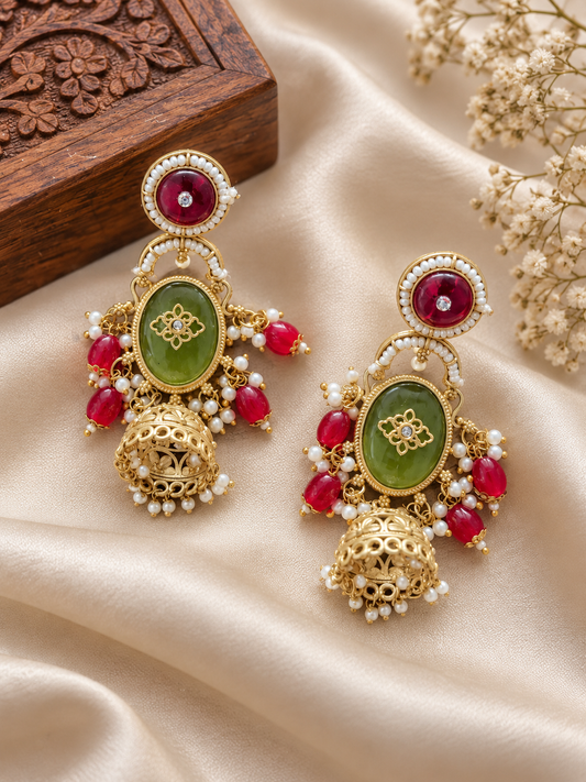 Emerald & Ruby Jhumka Earrings