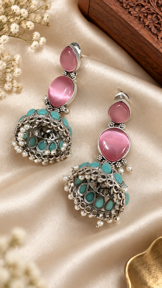 Pink & Turquoise Jhumka Earrings