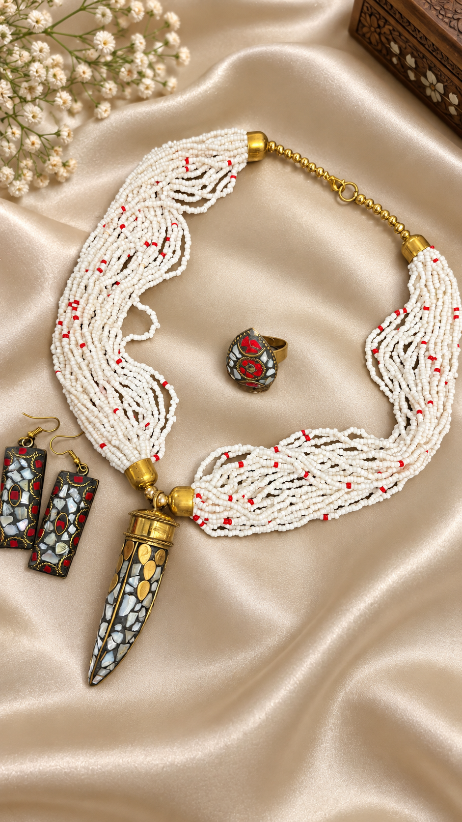 Handcrafted White Beaded Tribal Necklace set