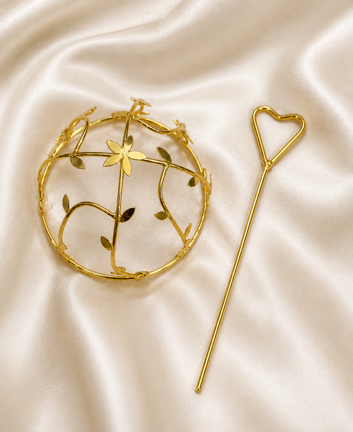 Golden Floral Hair Bun Cage with Heart Hair Pin